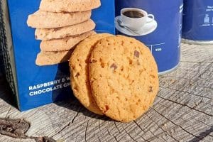 Raspberry & white chocolate chip biscuits